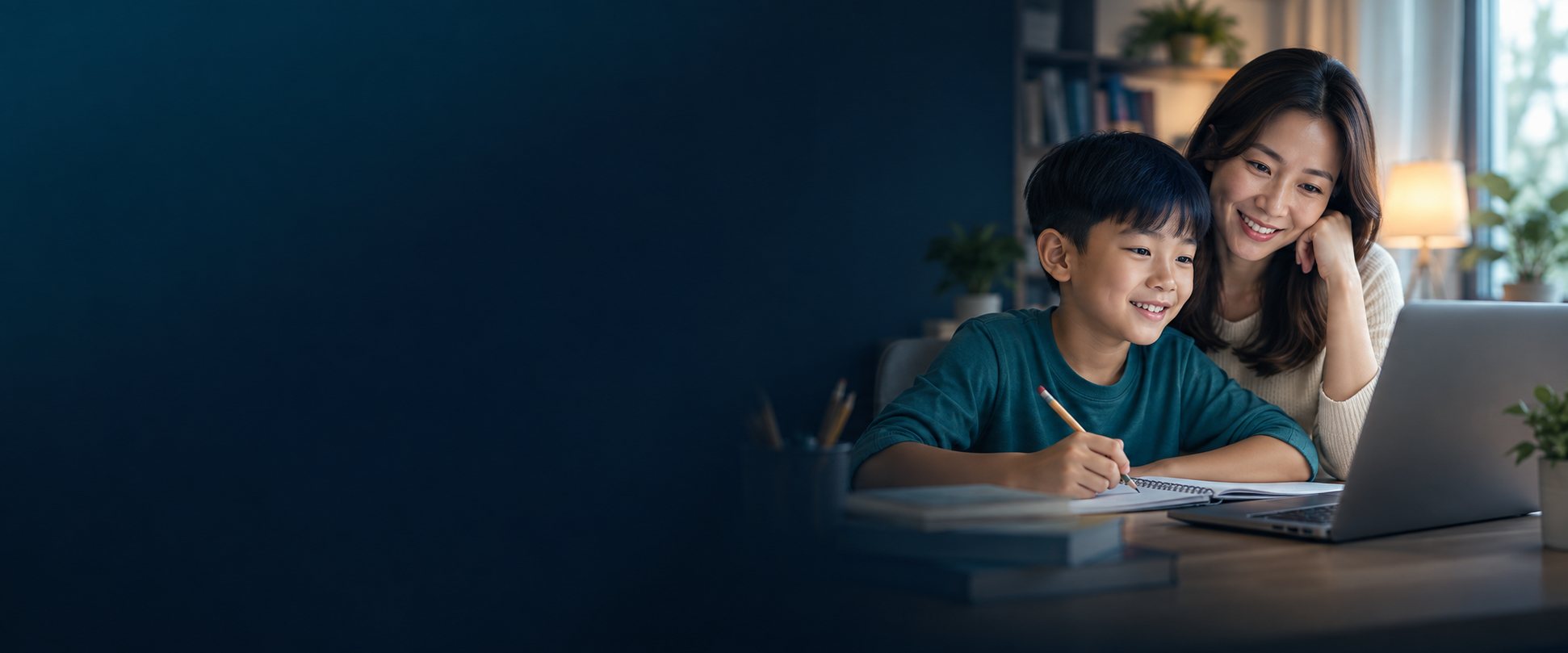 A mother and her son studying together at home with a laptop and notebook.