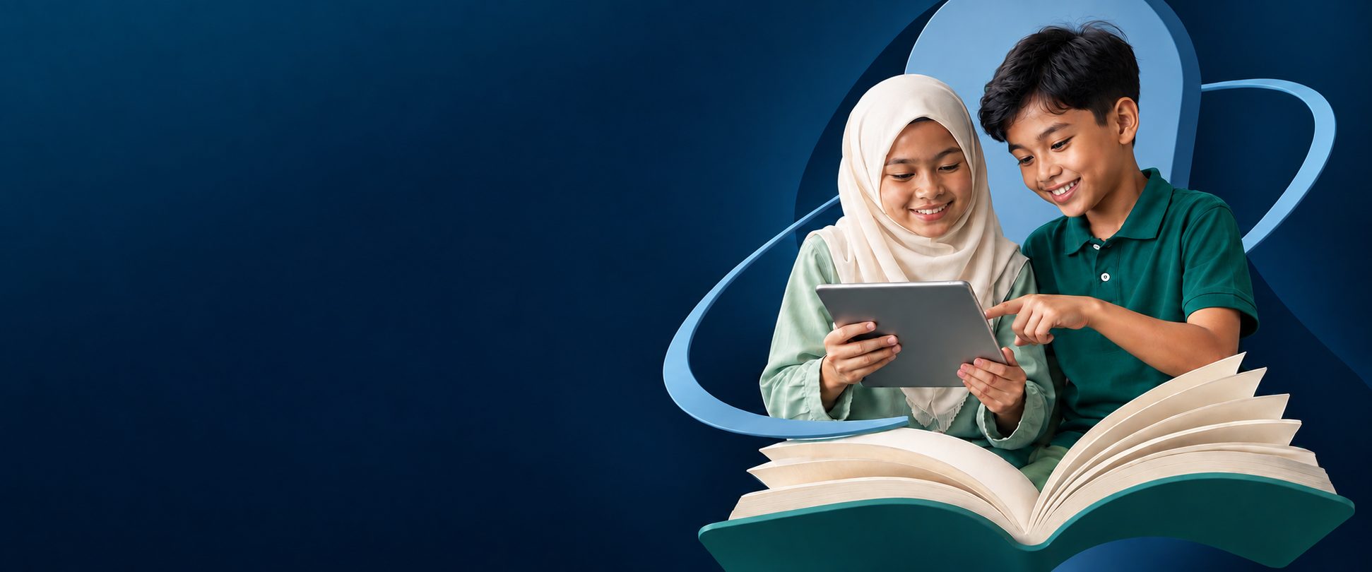Two Malaysian schoolchildren learning together from a tablet over an open book.