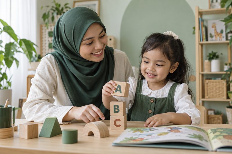 A preschool girl stacking wooden alphabet blocks at a low table while her mother sits beside her.
