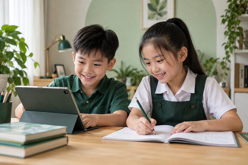 Two primary school children at a desk, one following a lesson on a tablet while the other writes in an exercise book.