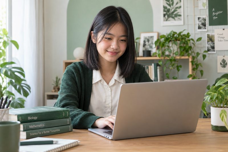 A secondary school student working through revision on a laptop at a tidy desk.